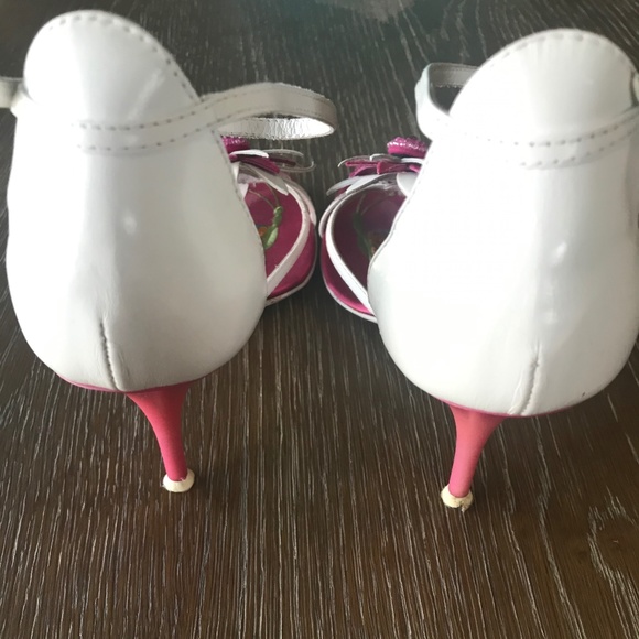 Aldo White Leather Strappy Sandal Heel Fuchsia Pink Silk Interior Lining Size 37 - Picture 4 of 7